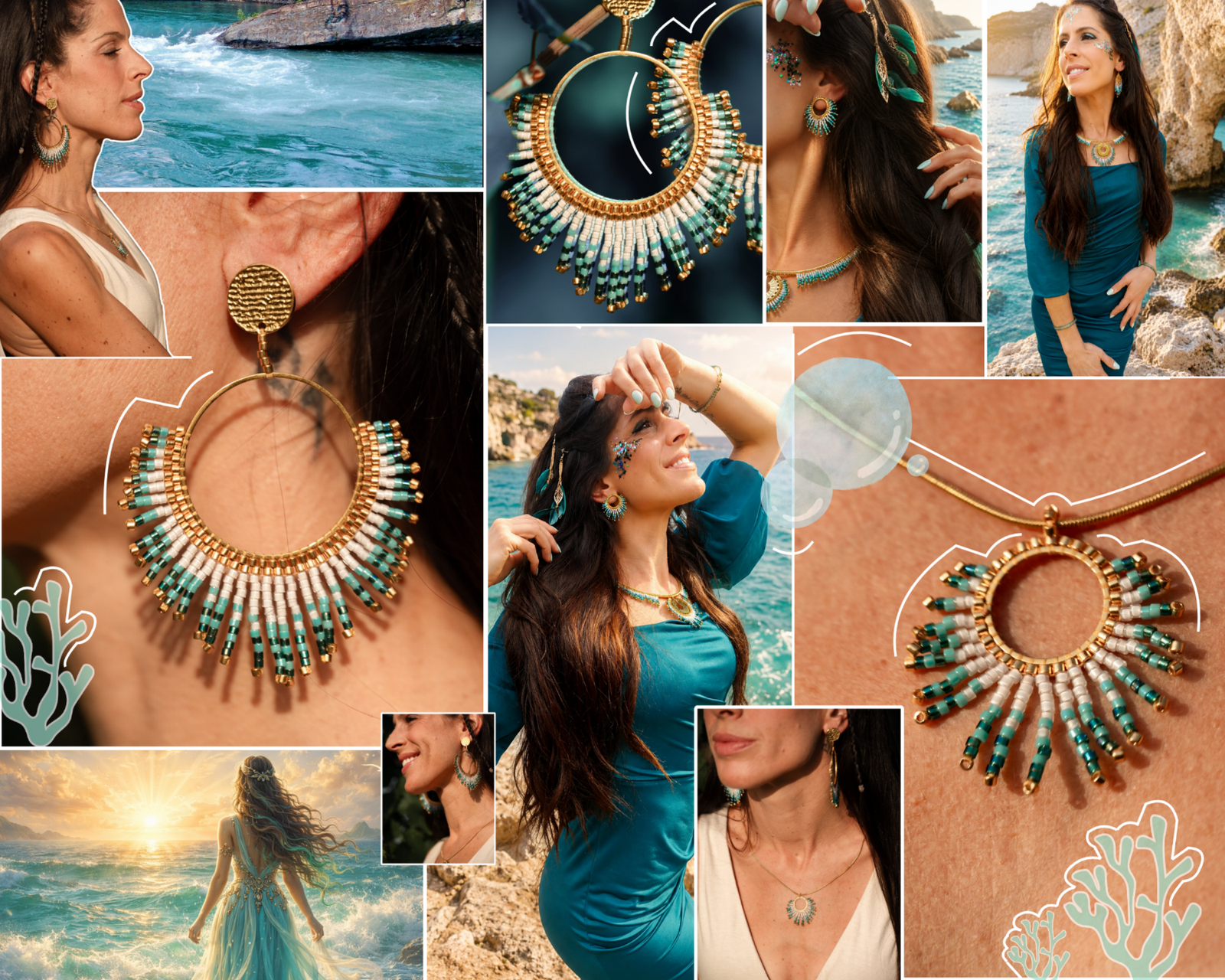 Mosaïque de bijoux de la collection Mira Calypsa Valdyria, bijoux marins turquoise inspirés de l’océan et de la liberté marine.