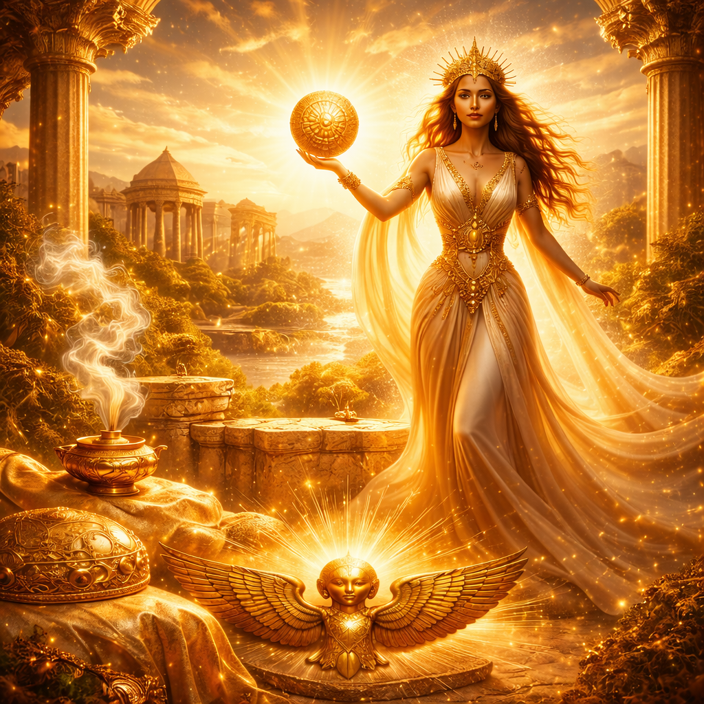 Femme solaire portant un bijou Apollisia Solaris dans un décor antique doré