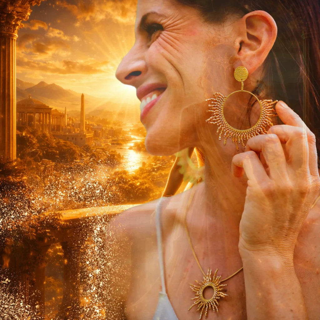 Bijou solaire doré de la collection Apollisia Solaris Valdyria, inspiré du soleil intérieur, de la royauté solaire et de la force lumineuse féminine.