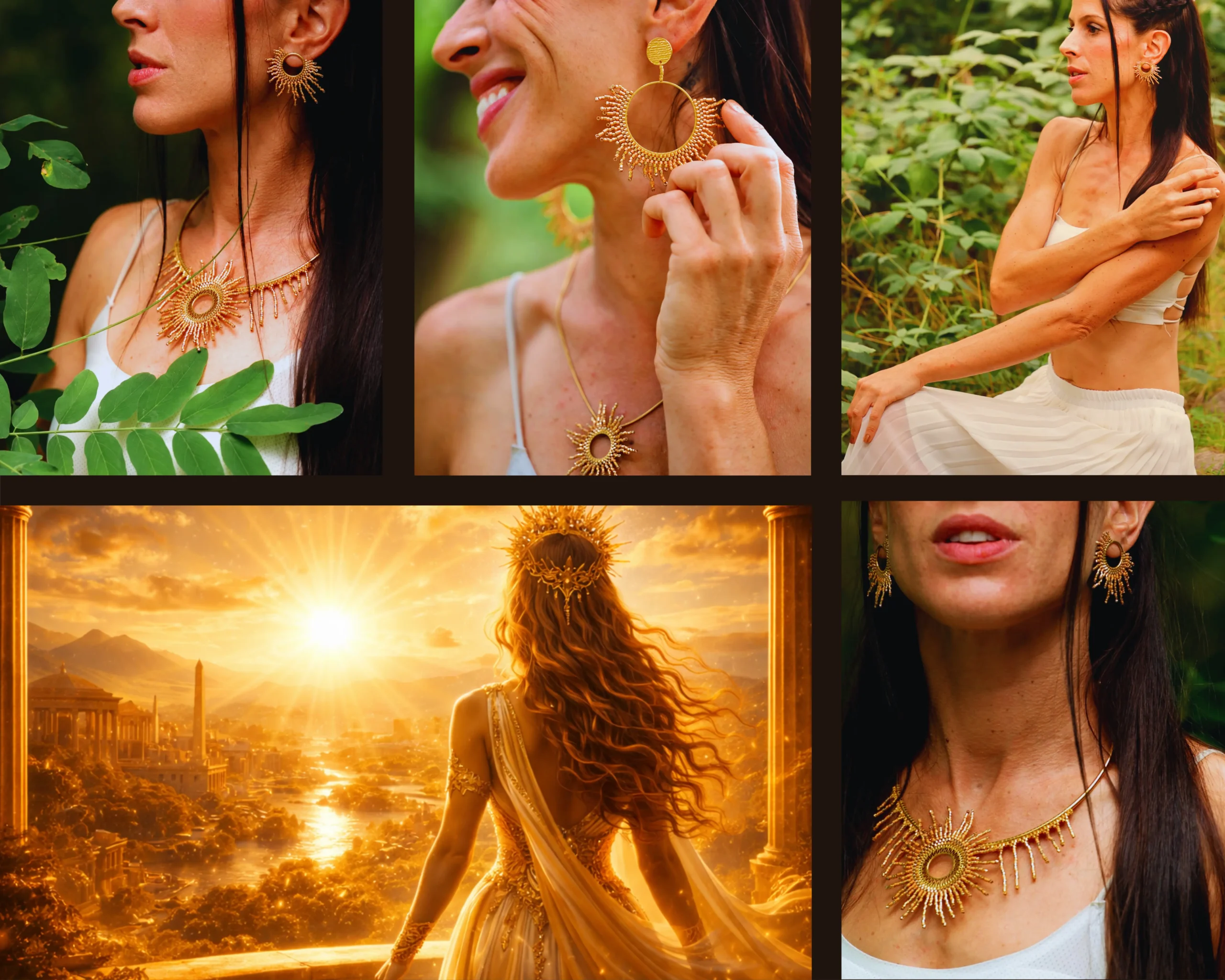 Mosaïque de bijoux de la collection Apollisia Solaris Valdyria, bijoux solaires dorés inspirés du soleil intérieur et de la royauté solaire.