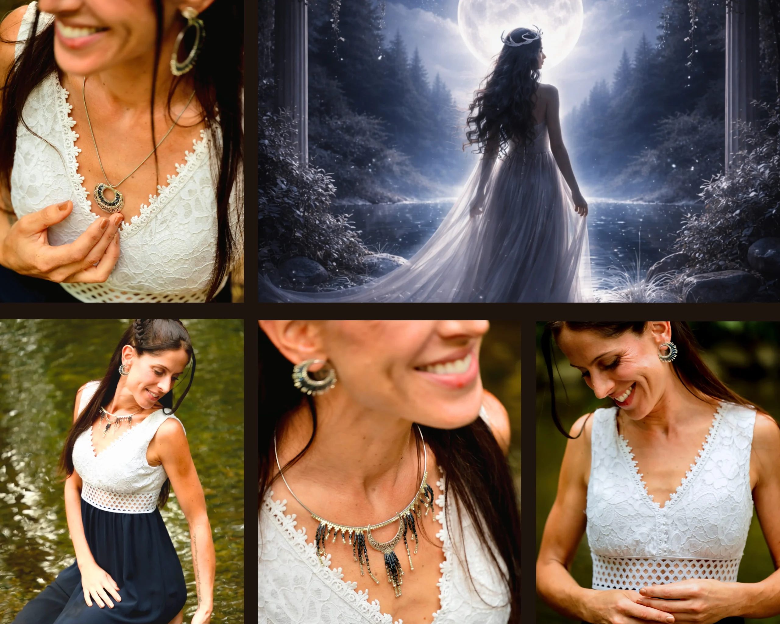 Mosaïque de bijoux de la collection Artemesia Lunaris Valdyria, bijoux lunaires argentés inspirés de la lune et du calme profond.