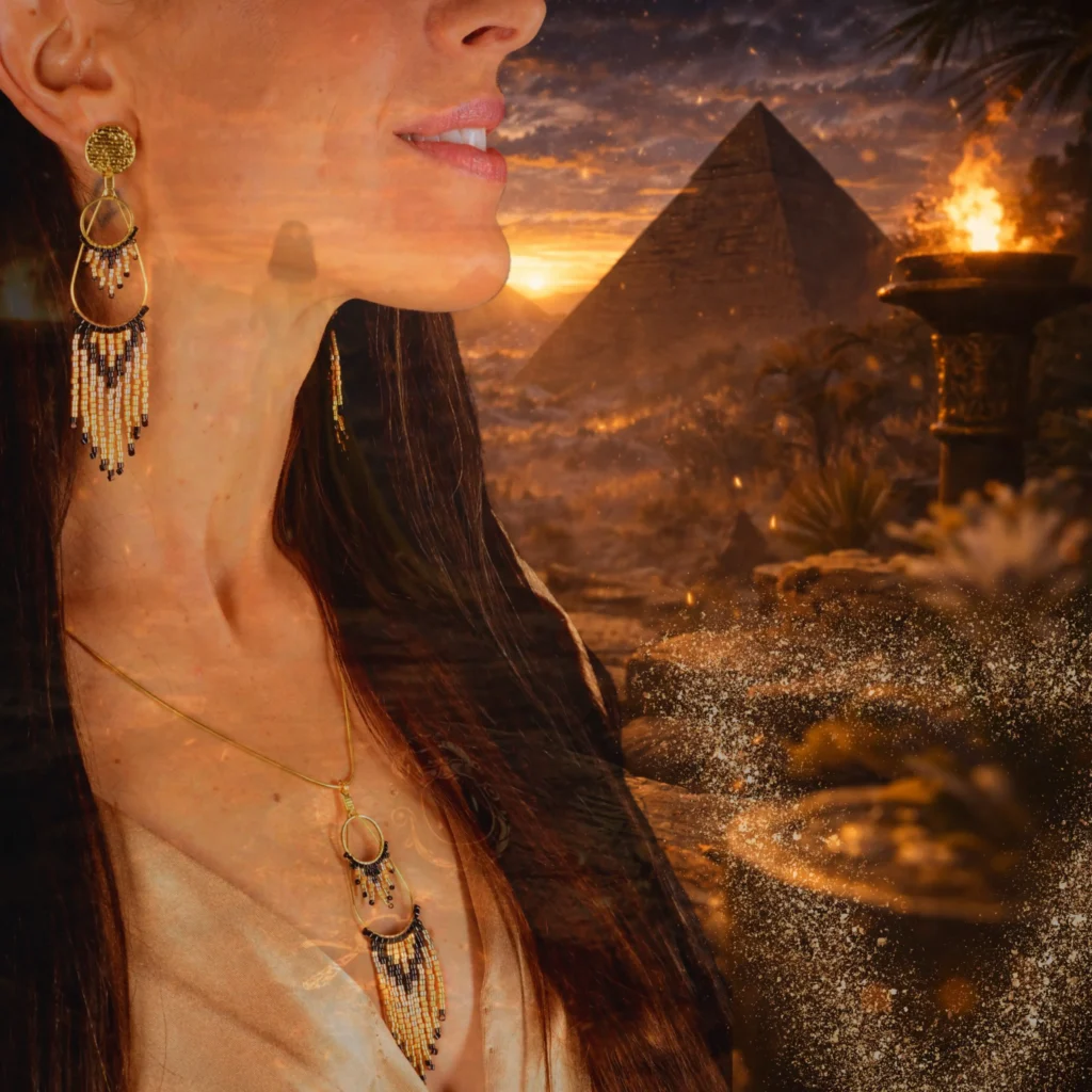 Bijou royal doré de la collection Galilya Cleo Valdyria, inspiré de Cléopâtre, de l’Égypte antique et de la souveraineté féminine.