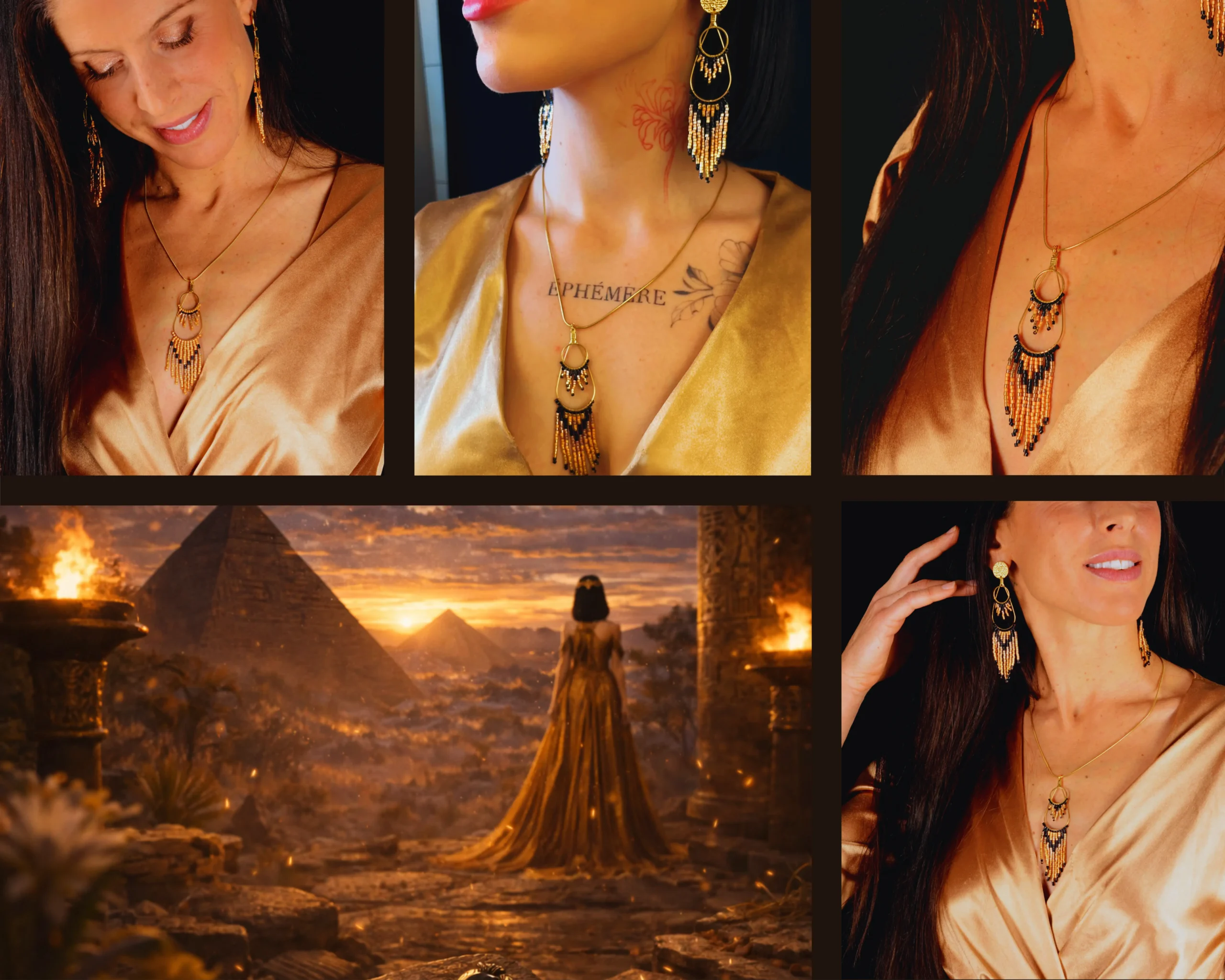 Mosaïque de bijoux de la collection Galilya Cleo Valdyria, bijoux royaux dorés inspirés de Cléopâtre et de l’Égypte antique.