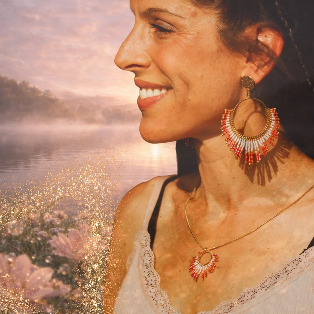 Bijou doux rosé et doré de la collection Mira Aurora Valdyria, inspiré de l’aube, du recommencement et de la renaissance.