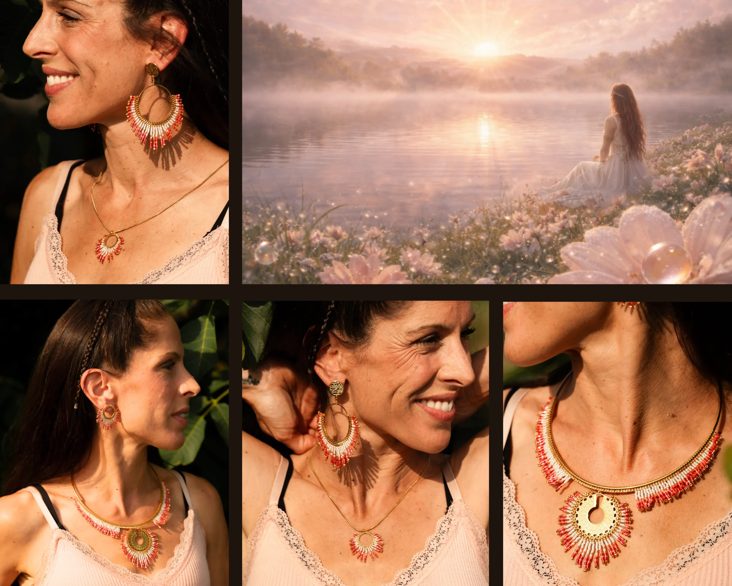 Mosaïque de bijoux de la collection Mira Aurora Valdyria, bijoux doux rosés et dorés inspirés de l’aube et du recommencement.