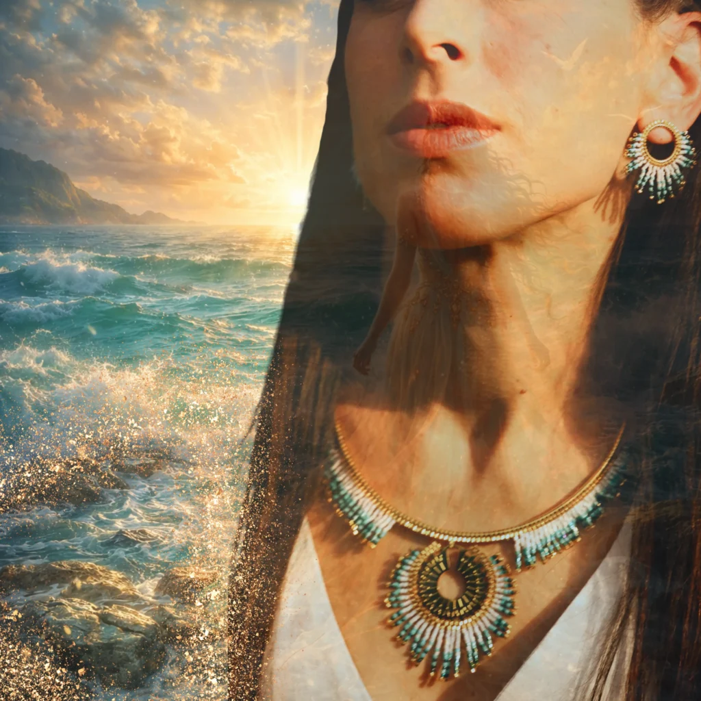 Bijou marin turquoise de la collection Mira Calypsa Valdyria, inspiré de l’océan, de la liberté marine et du voyage intérieur.