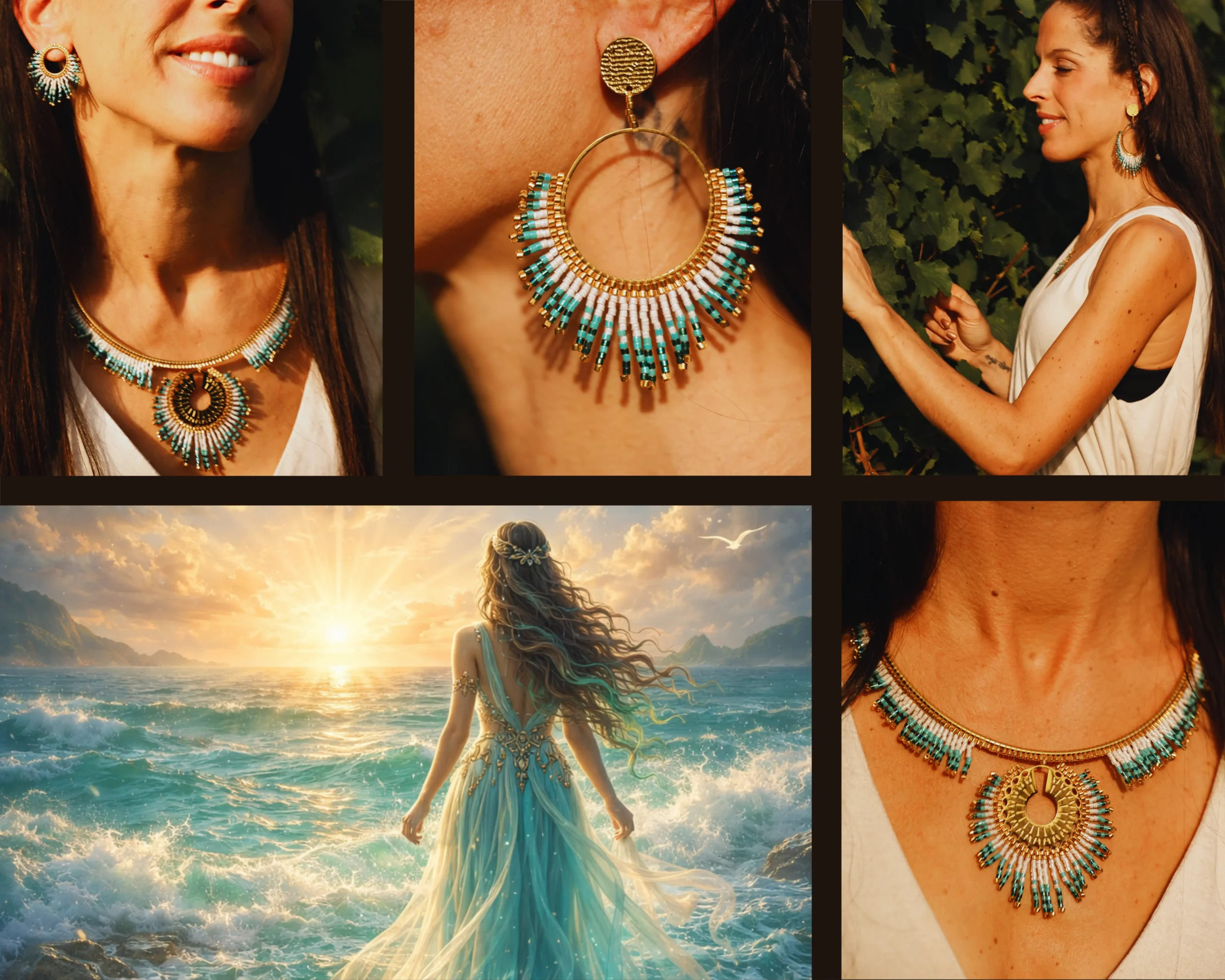 Mosaïque de bijoux de la collection Mira Calypsa Valdyria, bijoux marins turquoise inspirés de l’océan et de la liberté marine.