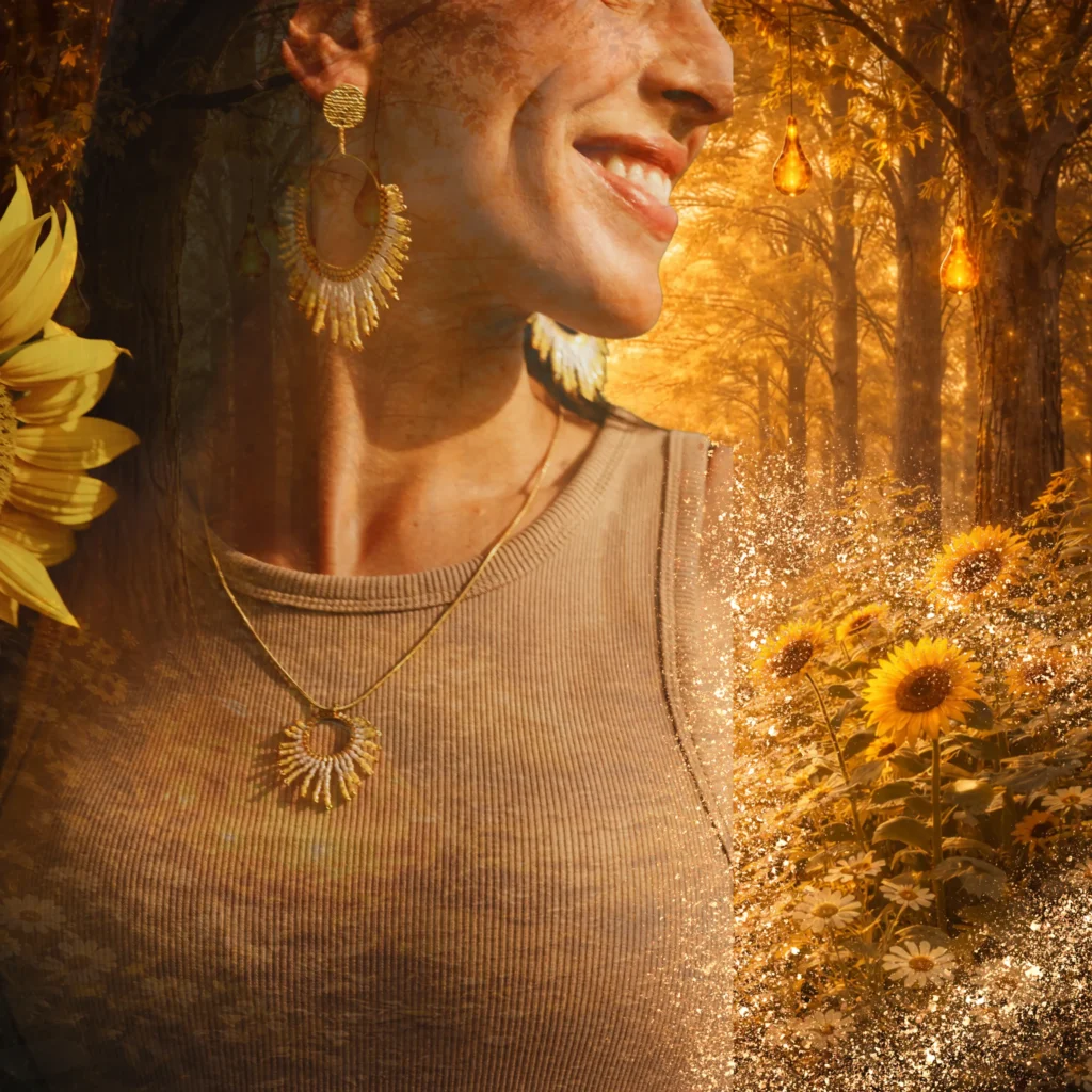 Bijou solaire ambré de la collection Mira Helia Valdyria, inspiré de la résilience, de la transformation et de la joie reconquise.