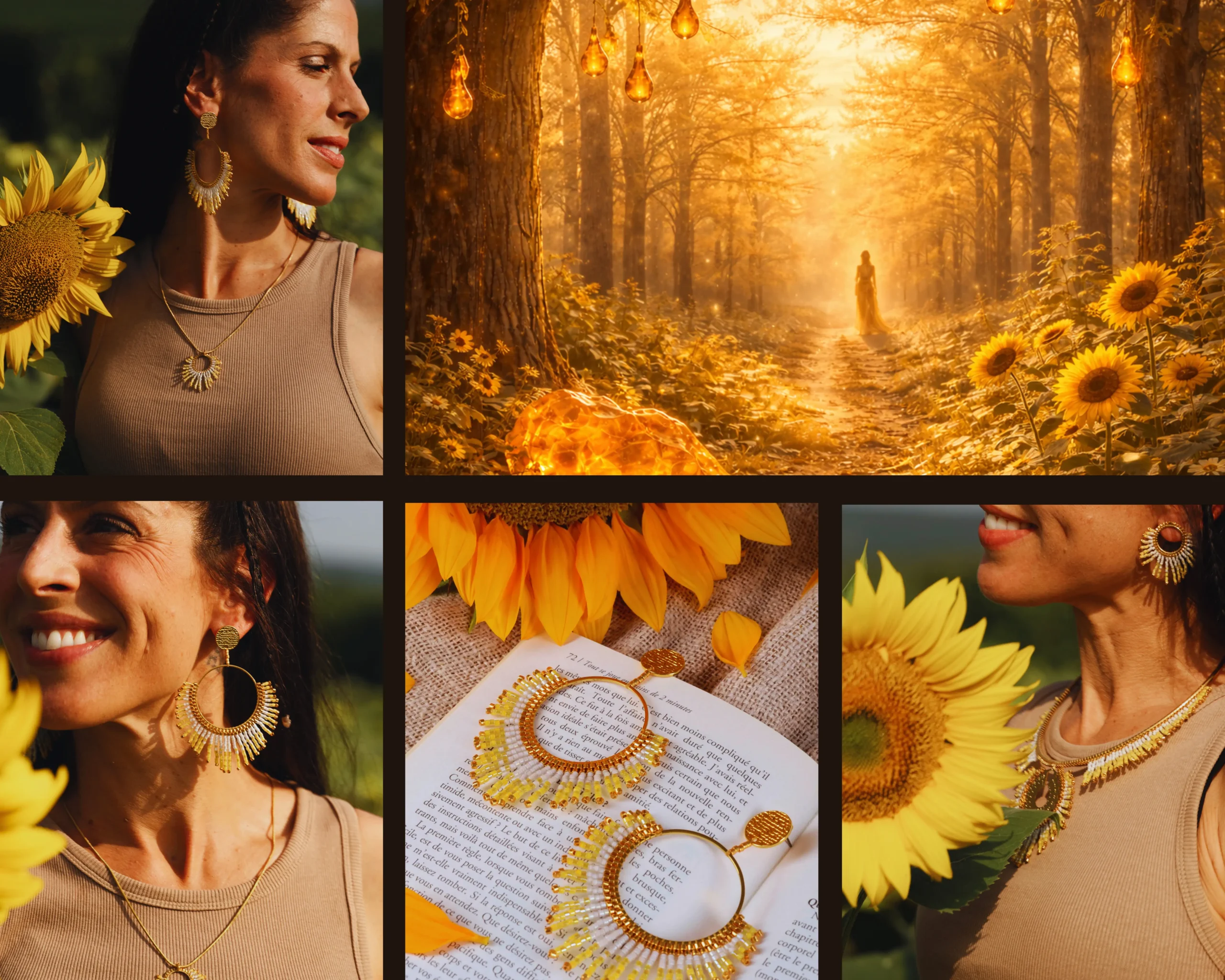 Mosaïque de bijoux de la collection Mira Helia Valdyria, bijoux solaires et ambrés inspirés de la résilience et de la transformation.