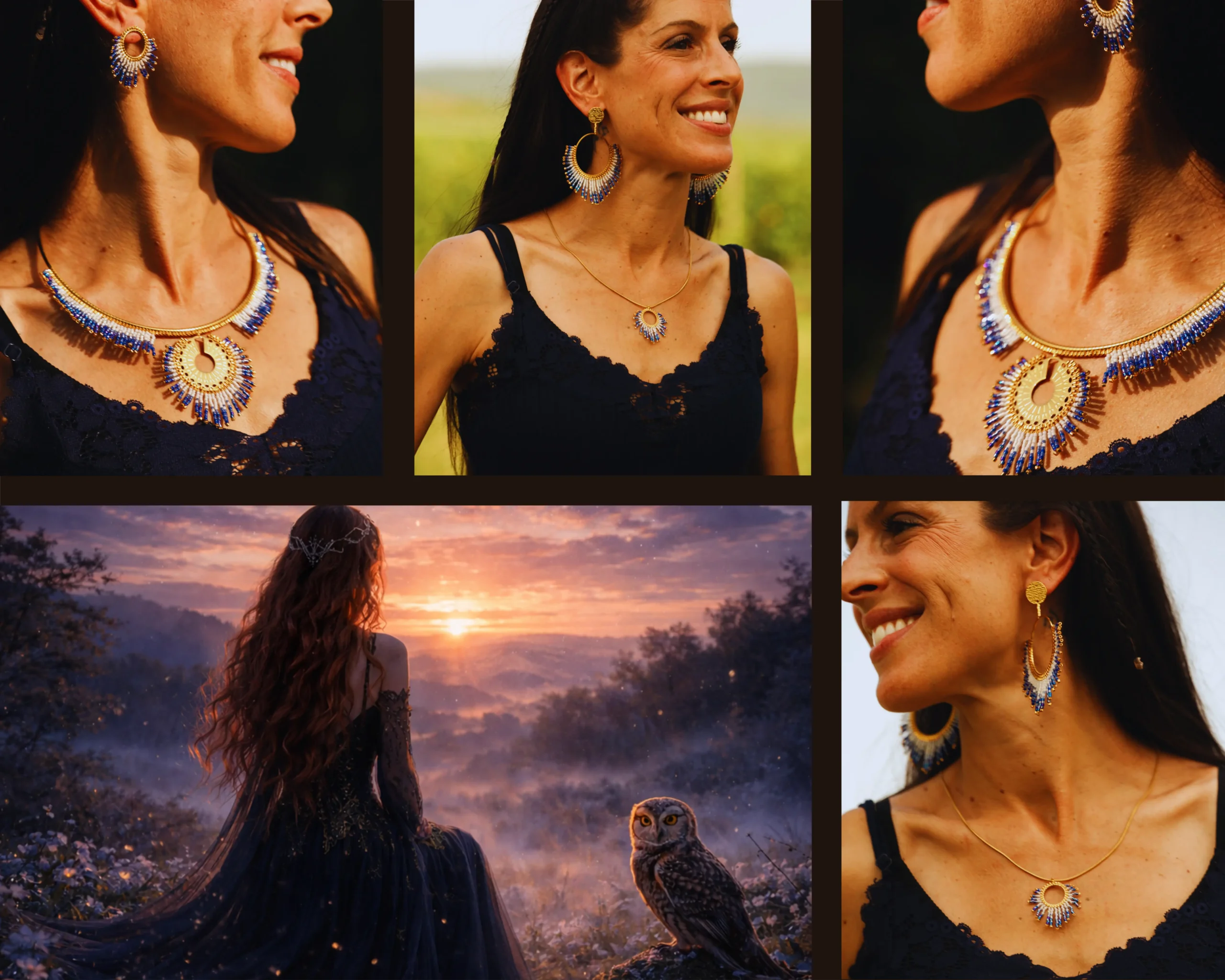 Mosaïque de bijoux de la collection Mira Obscura Valdyria, bijoux crépusculaires indigo et or inspirés de l’ombre et du mystère.