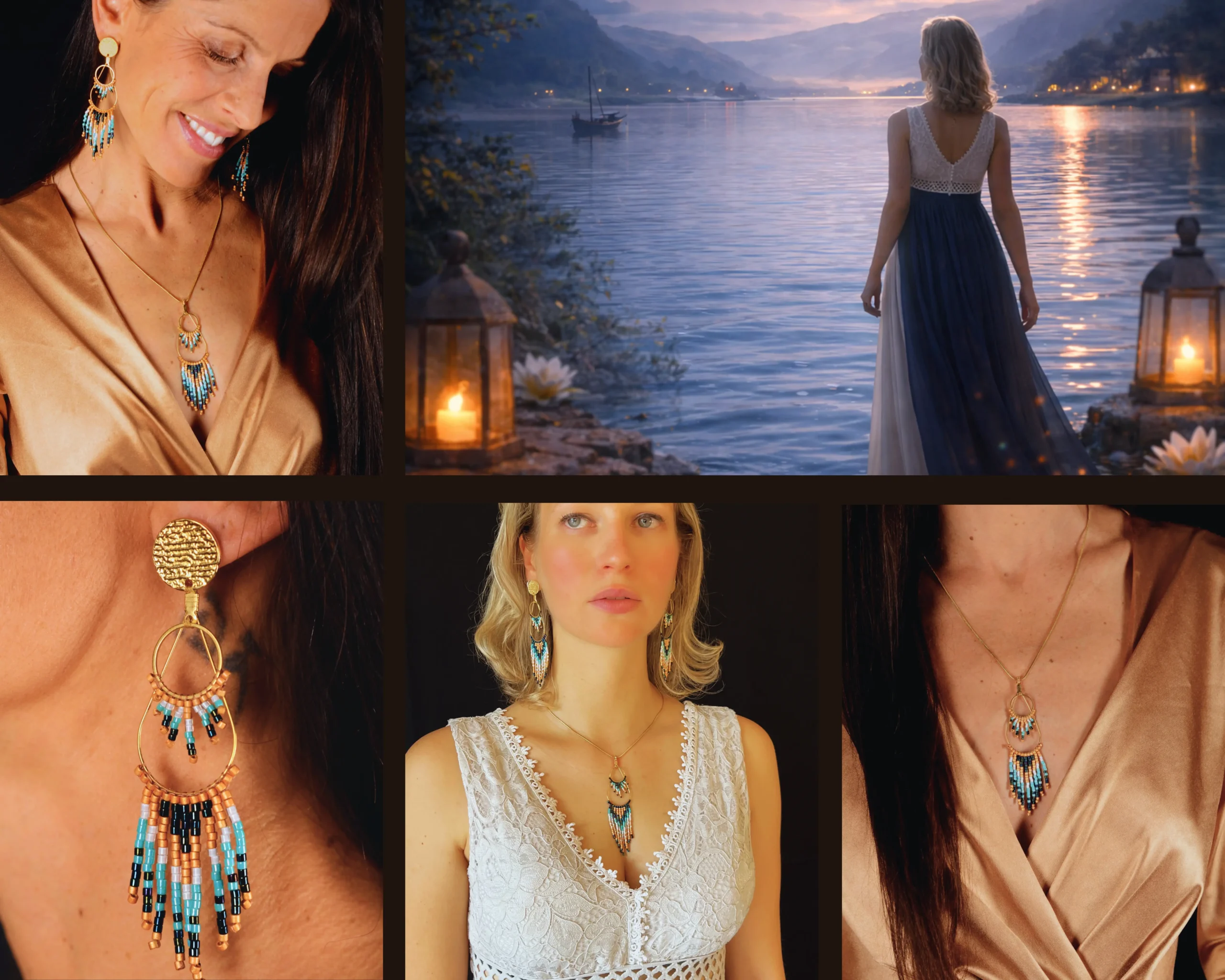 Mosaïque de bijoux de la collection Nilyra Maria Valdyria, bijoux sacrés turquoise et bronze inspirés de la sérénité et de la protection.