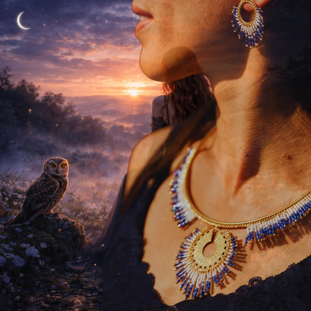 Bijou crépusculaire indigo et or de la collection Mira Obscura Valdyria, inspiré de l’ombre, du mystère et de l’introspection.