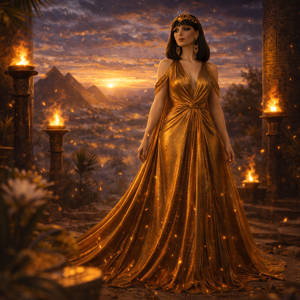 Reine en robe dorée dans un palais antique, inspiration Galilya Cleo