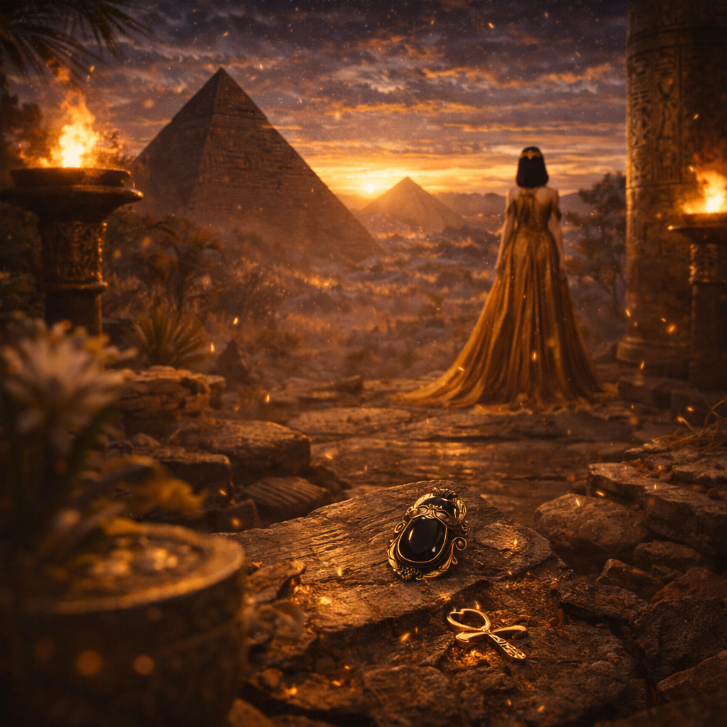 Femme souveraine face aux pyramides d’Égypte, univers Galilya Cleo