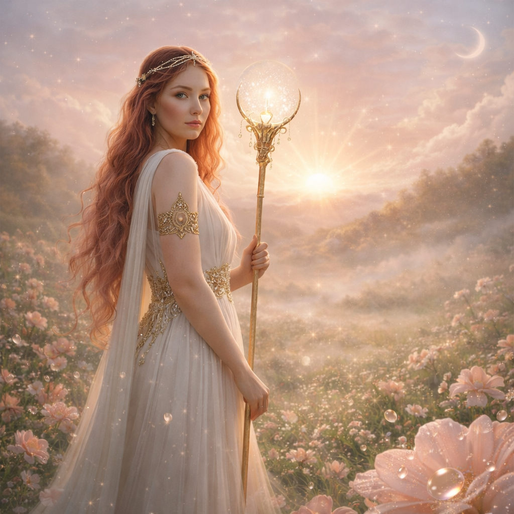 Femme à l’aube tenant un talisman lumineux, inspiration Mira Aurora