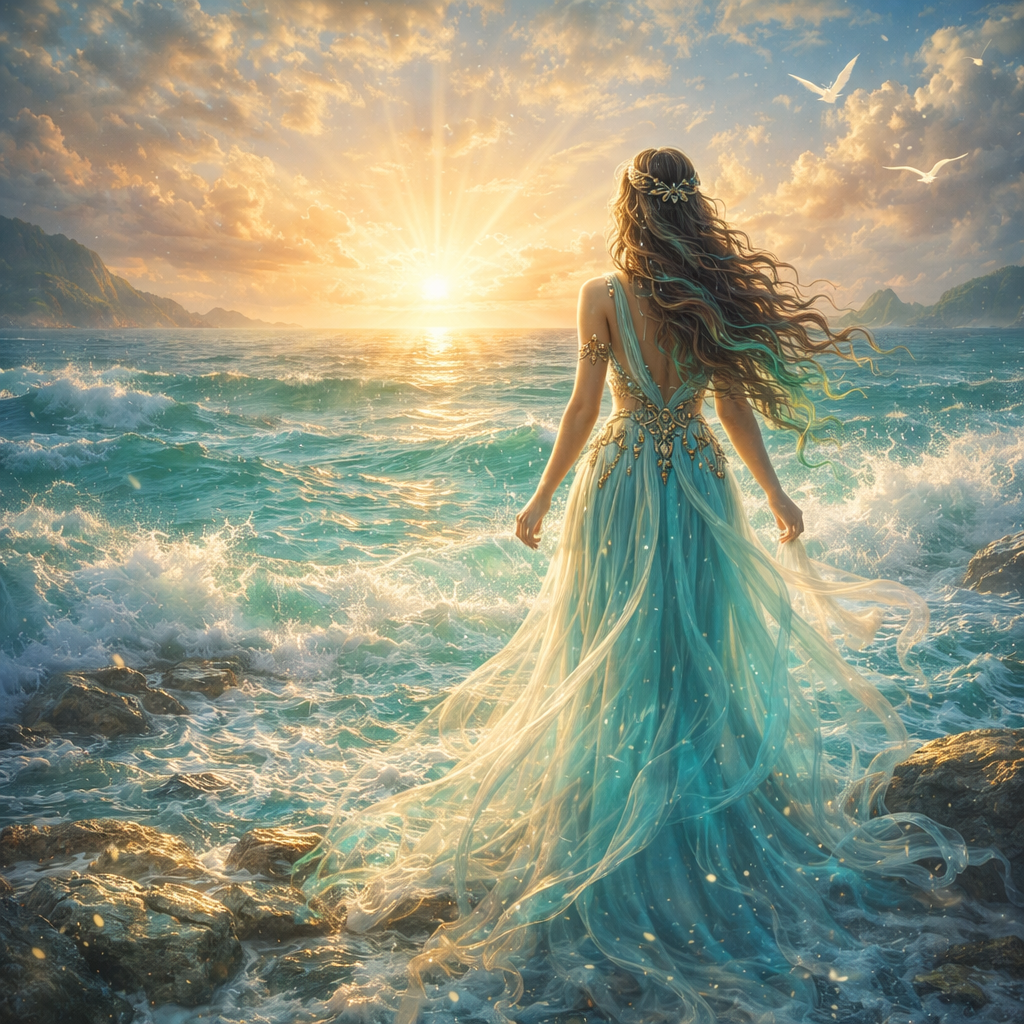 Femme face à l’océan au lever du soleil, inspiration Mira Calypsa