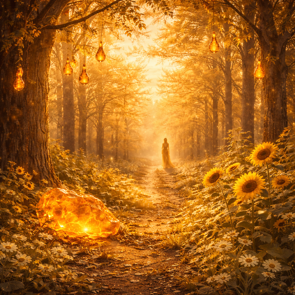 Chemin lumineux et ambre solaire dans la forêt, inspiration Mira Helia