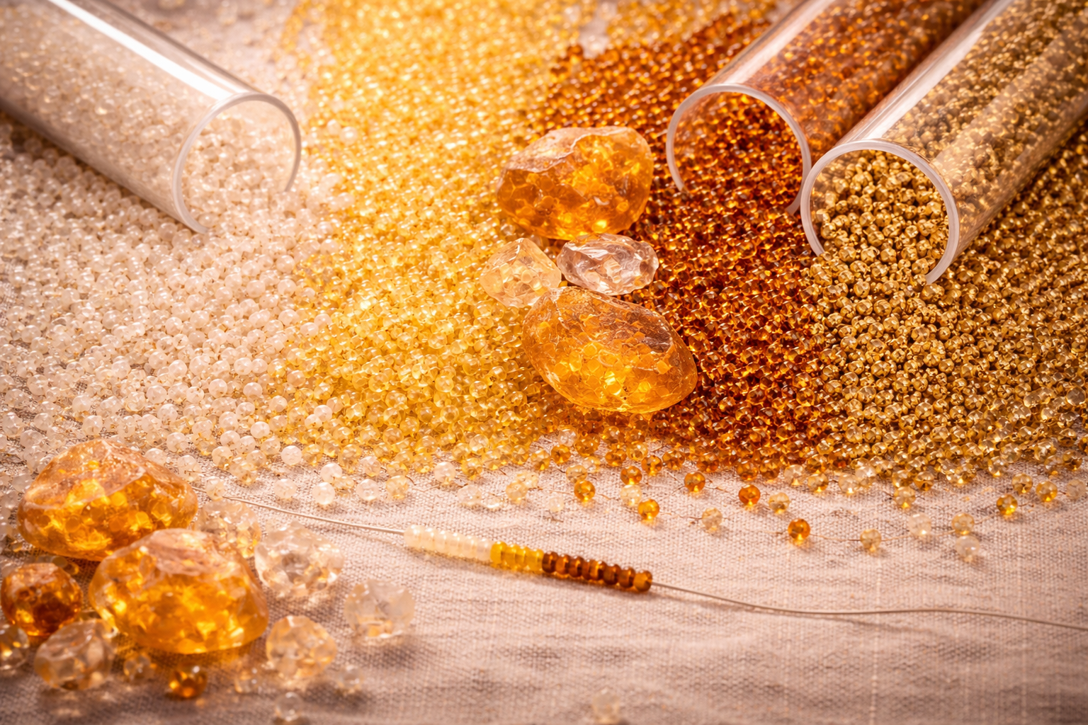 Perles ambrées et or miel utilisées pour les bijoux Mira Helia