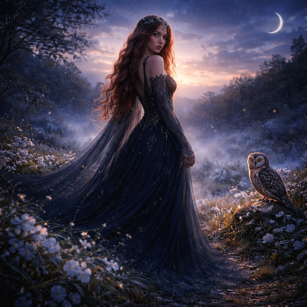 Femme au crépuscule accompagnée d’une chouette, inspiration Mira Obscura
