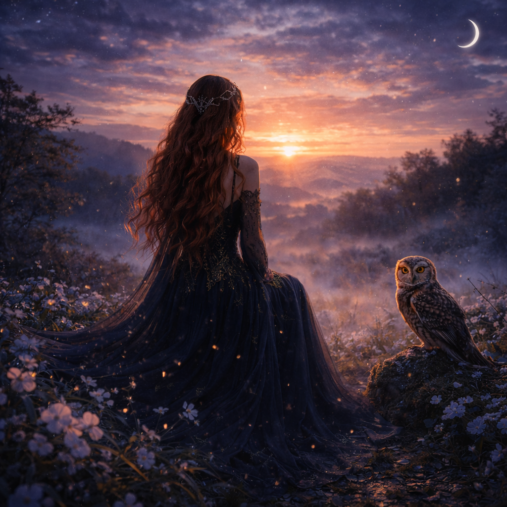 Femme face au ciel crépusculaire, univers Mira Obscura