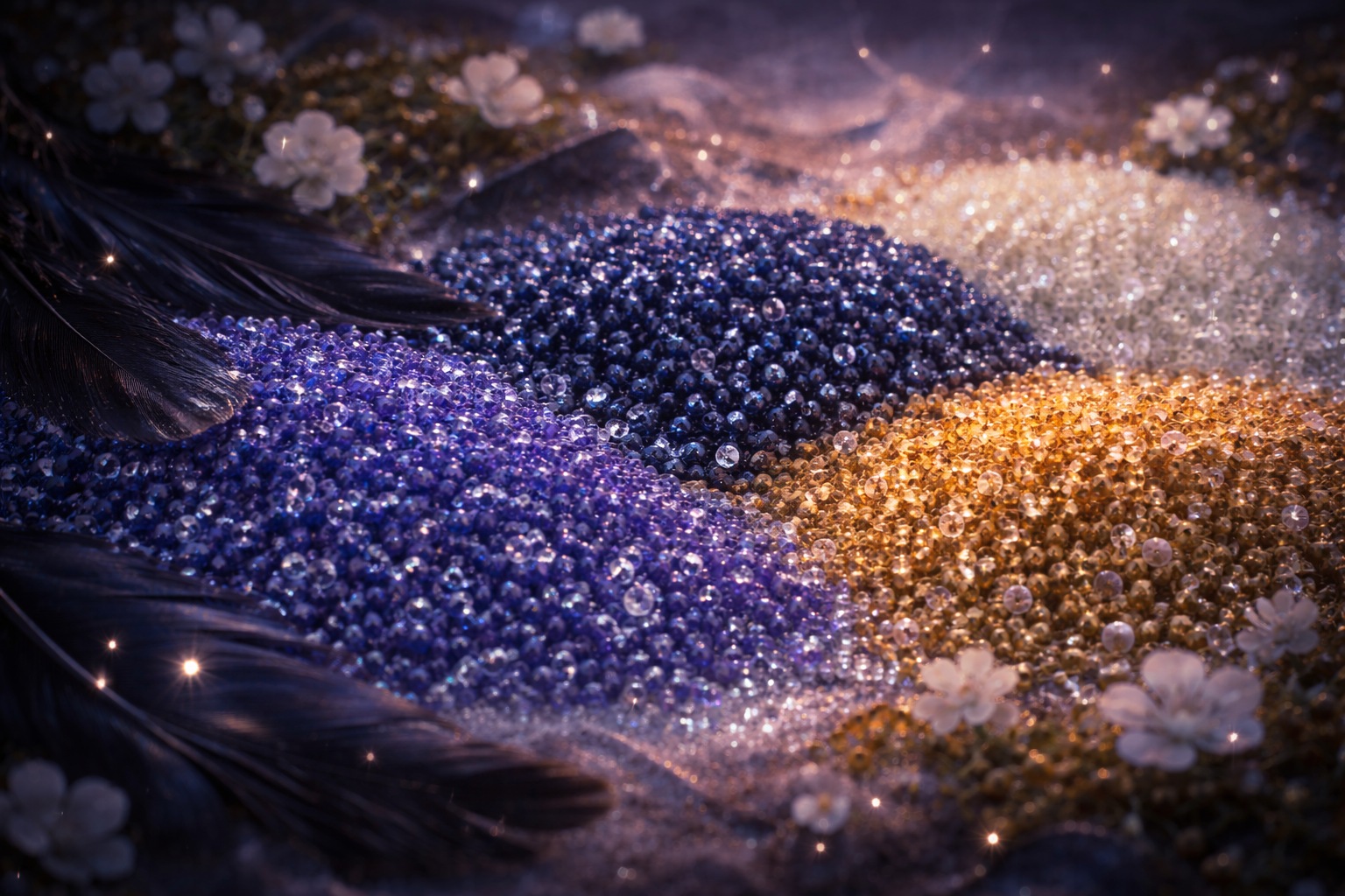 Perles indigo et or crépusculaire utilisées pour les bijoux Mira Obscura