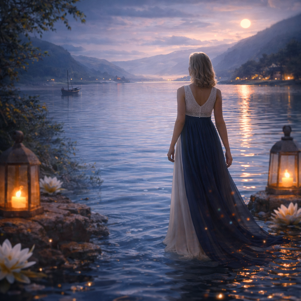 Femme au bord de l’eau éclairée par des lanternes, inspiration Nilyra Maria