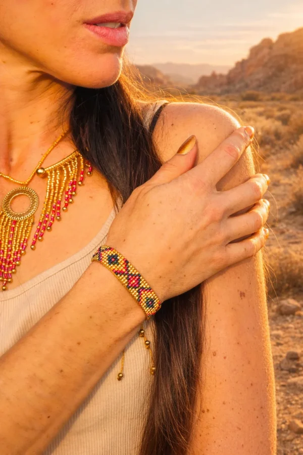 Détail bracelet Amaziga Rubra avec perles roses et motifs géométriques artisanaux