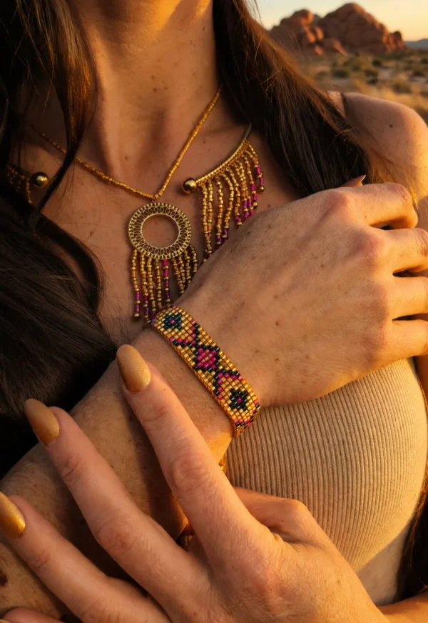 Bracelet Amaziga Rubra porté avec collier assorti sur peau avec perles roses