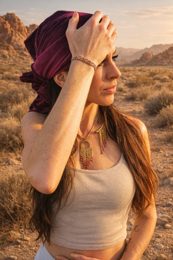 Bracelet fin Amaziga Rubra et ancrage Bracelet fin Amaziga Rubra porté sur le poignet dans un paysage naturel aride inspiré de la terre