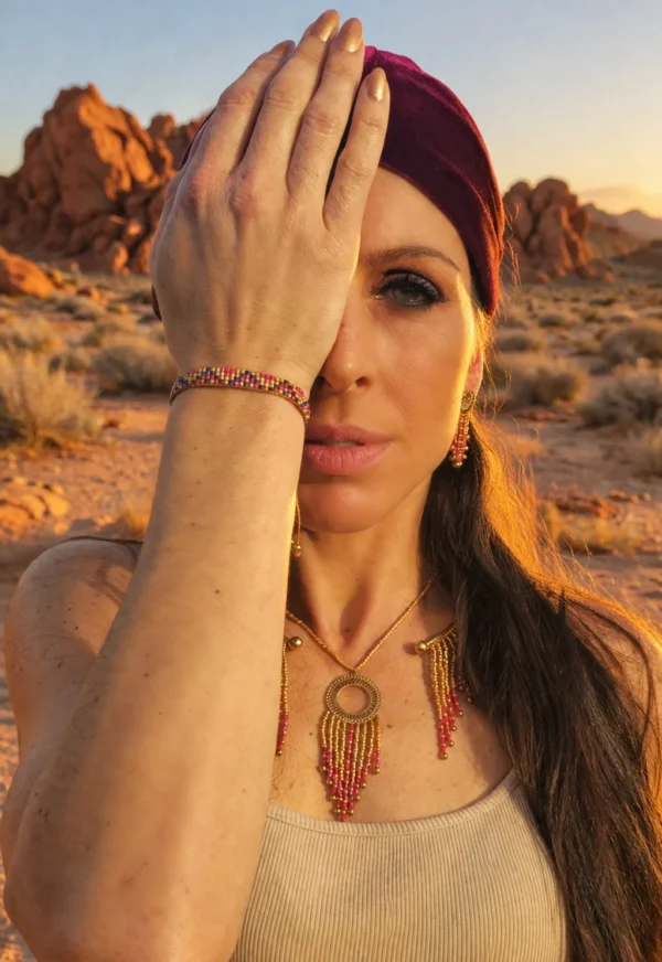 Bracelet fin Amaziga Rubra et vitalité Bracelet fin Amaziga Rubra porté en gros plan sur le poignet avec perles roses