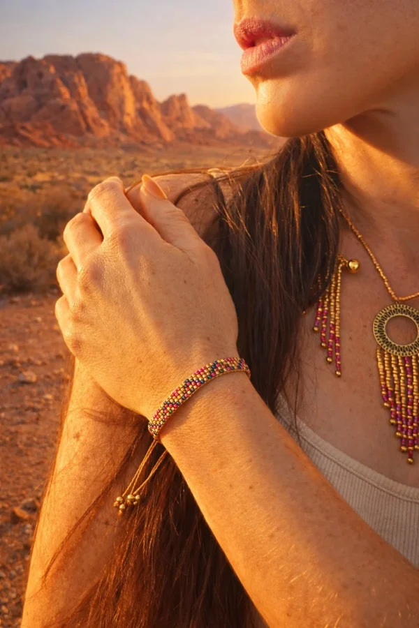 Bracelet fin Amaziga Rubra et héritage Bracelet fin Amaziga Rubra porté avec collier dans un décor naturel inspiré du Maghreb