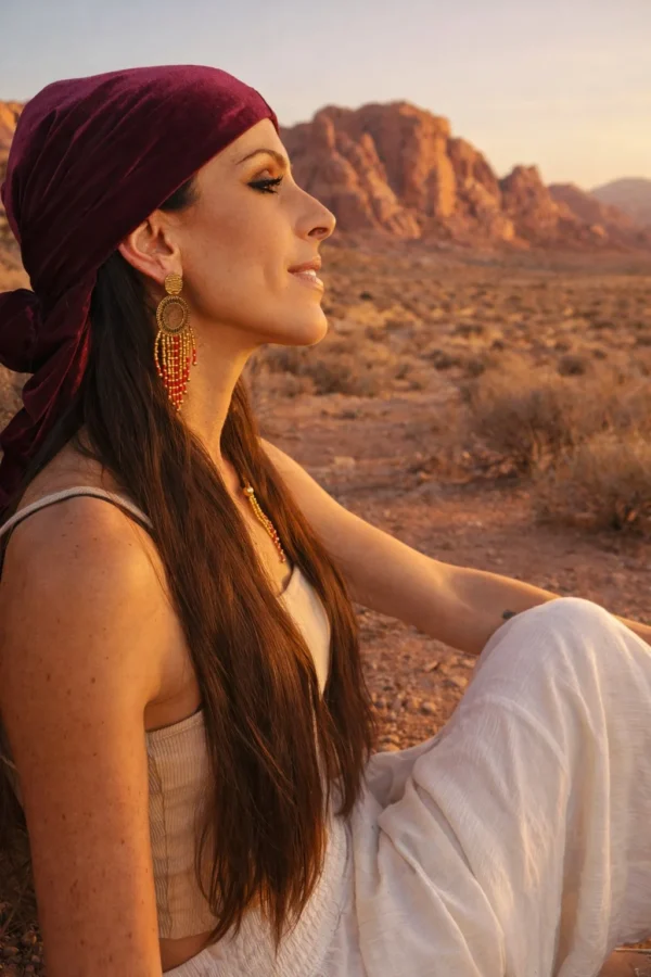 Grandes boucles d’oreilles Amaziga Rubra et féminité libre Femme portant de grandes boucles d’oreilles Amaziga Rubra dans un décor naturel inspiré du Maghreb