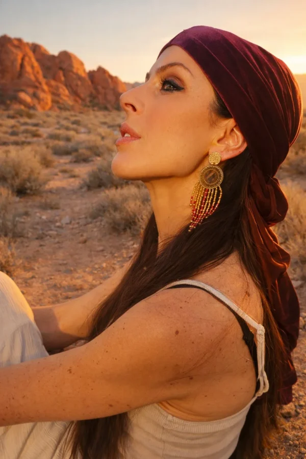 Grandes boucles d’oreilles Amaziga Rubra et vitalité du corps Grandes boucles d’oreilles Amaziga Rubra portées en gros plan avec franges en perles roses