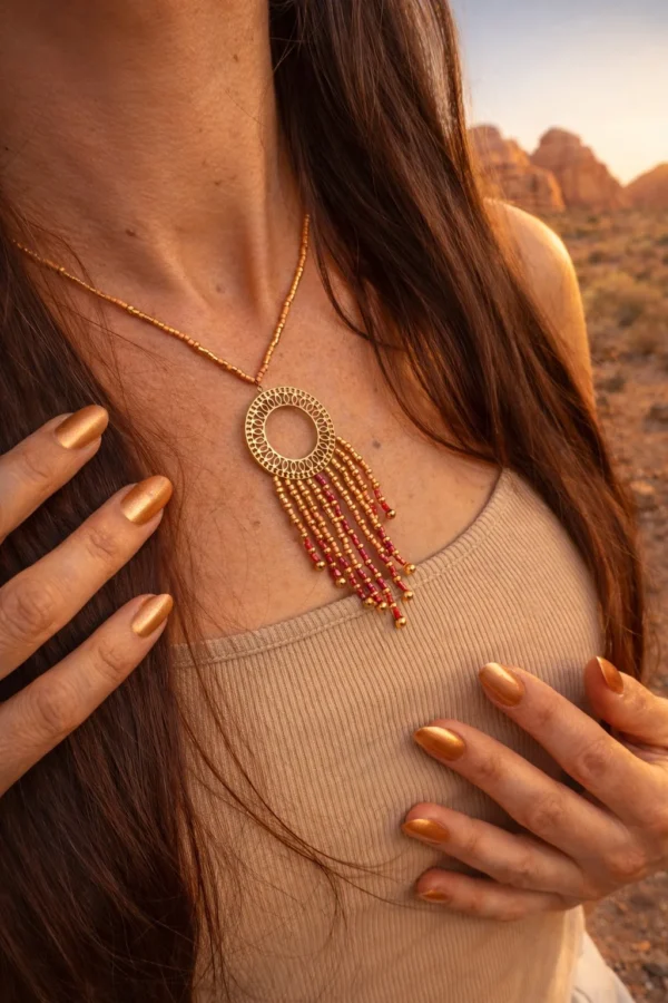 Détail d’un collier à pendentif Amaziga Rubra avec pendentif circulaire et franges en mouvement