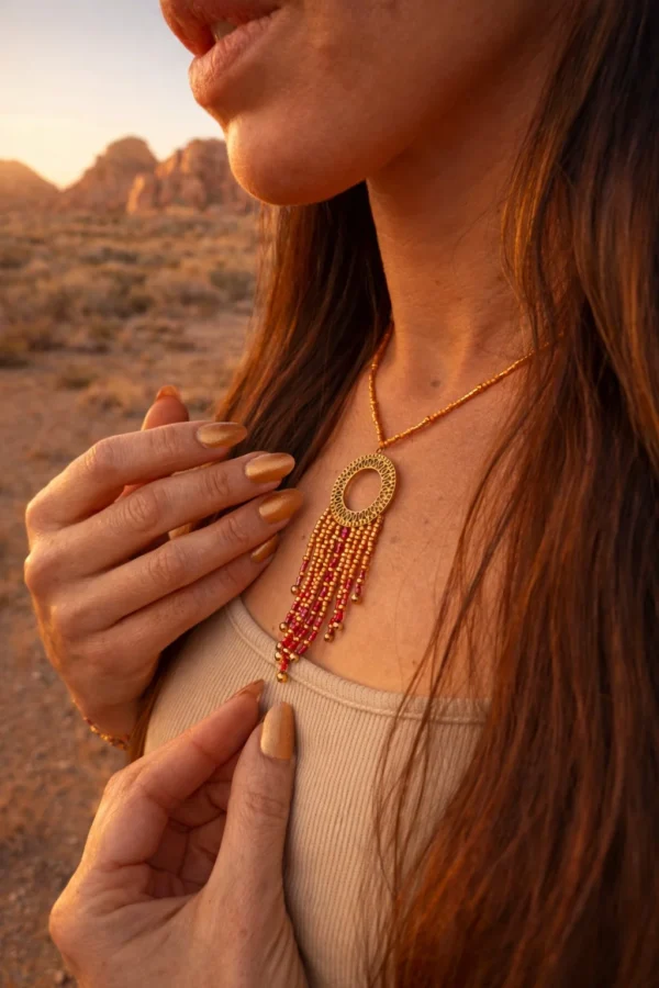 Collier à pendentif Amaziga Rubra tenu à la main avec perles roses et détails artisanaux