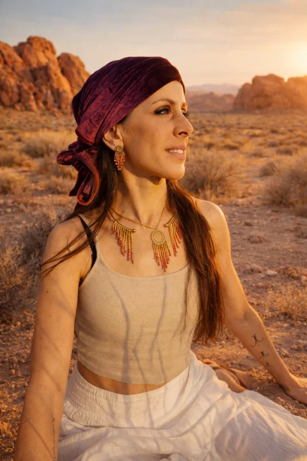 Petites boucles d’oreilles Amaziga Rubra et ancrage Petites boucles d’oreilles Amaziga Rubra portées dans un paysage naturel aride inspiré de la terre d’Afrique du Nord