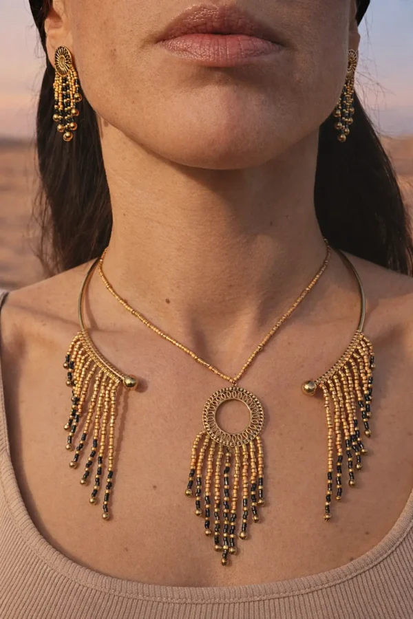 Collier majestueux Amaziga Sacra porté en mouvement avec franges et perles bleues