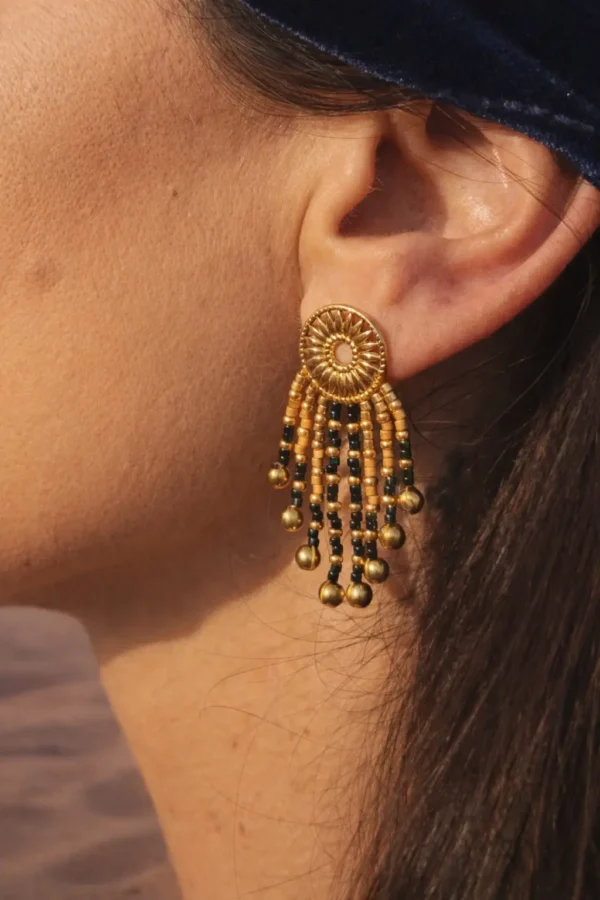 Petites boucles d’oreilles Amaziga Sacra et détail sacré Détail petites boucles d’oreilles Amaziga Sacra avec perles bleues et structure dorée artisanale