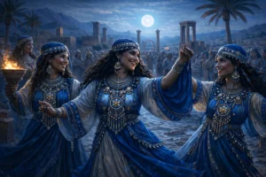 Scène inspirée de la collection Amaziga Sacra de Valdyria, dans un décor bohème sacré bleu et doré autour de la féminité et du rituel