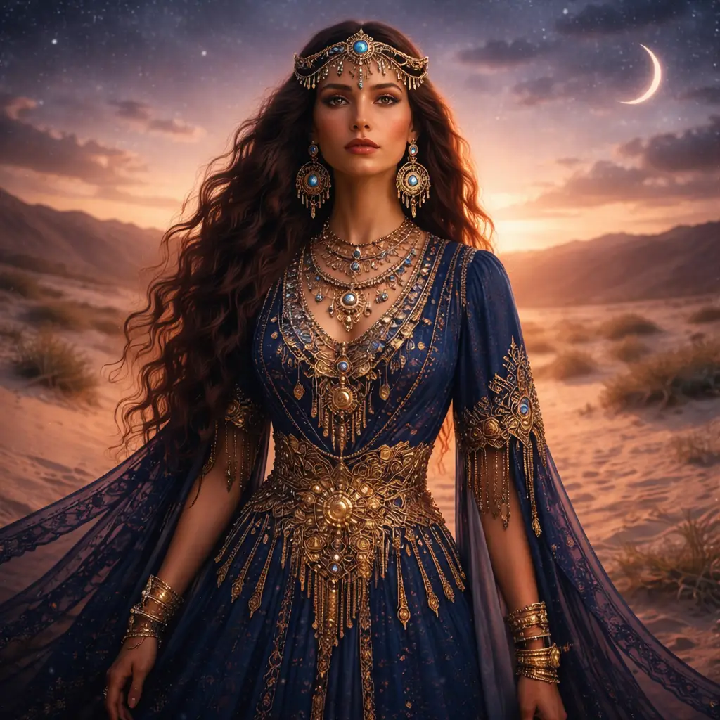 Femme portant les bijoux de la collection Amaziga Sacra de Valdyria, dans un univers bohème sacré aux tons bleu nuit et doré