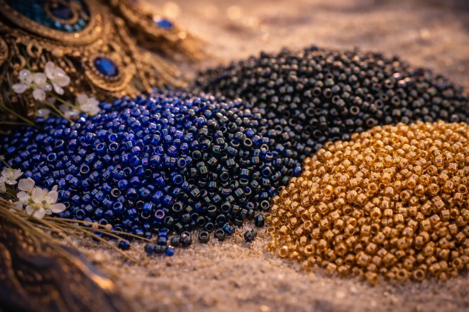 Perles bleu nuit, noires et dorées de la collection Amaziga Sacra de Valdyria, inspirées d’un univers précieux et sacré