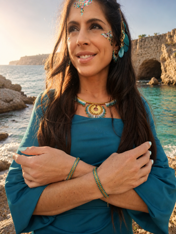 Bracelet Mira Calypsa porté sur le poignet face à un paysage naturel, création artisanale Valdyria turquoise et or