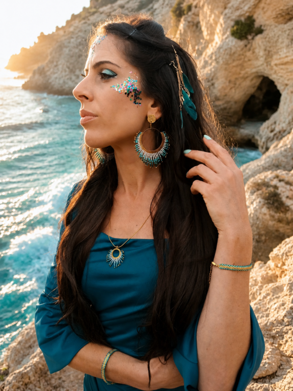 Boucles d’oreilles pendantes Mira Calypsa portées dans un décor rocheux naturel avec collier et bracelet assortis