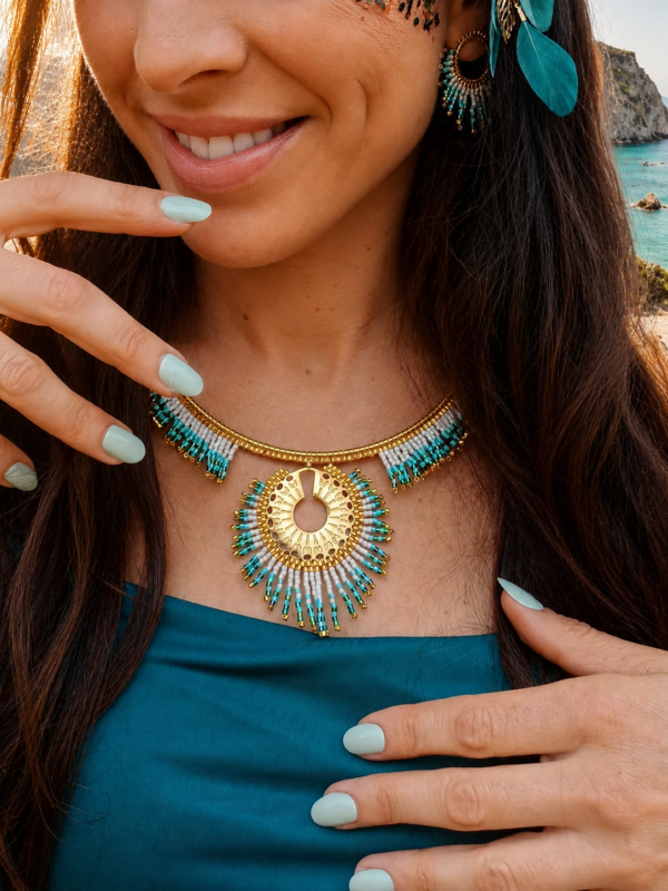 Collier majestueux Mira Calypsa en détail porté sur robe bleue avec design turquoise et or clair Valdyria