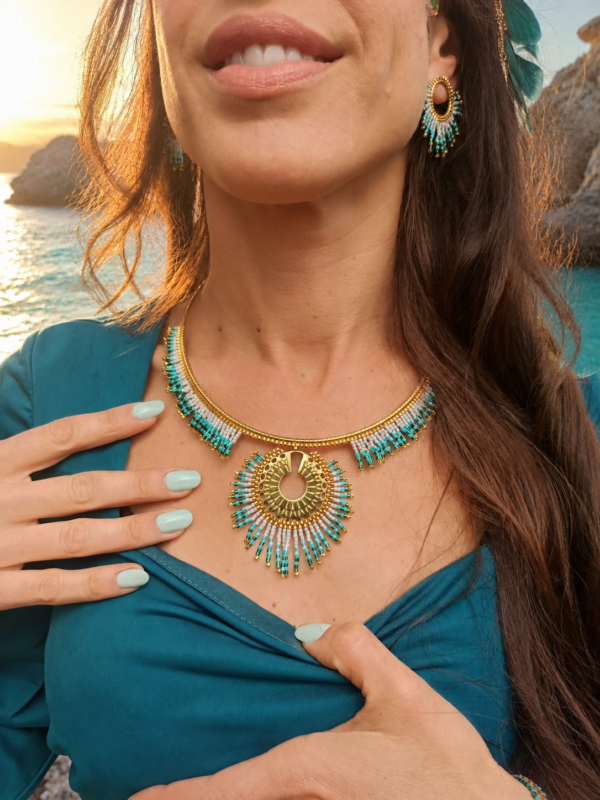 Collier majestueux Mira Calypsa porté en détail avec robe bleue, mains posées et bijou artisanal lumineux