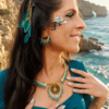 Collier majestueux Mira Calypsa porté en portrait avec boucles assorties, robe bleue et style bohème chic