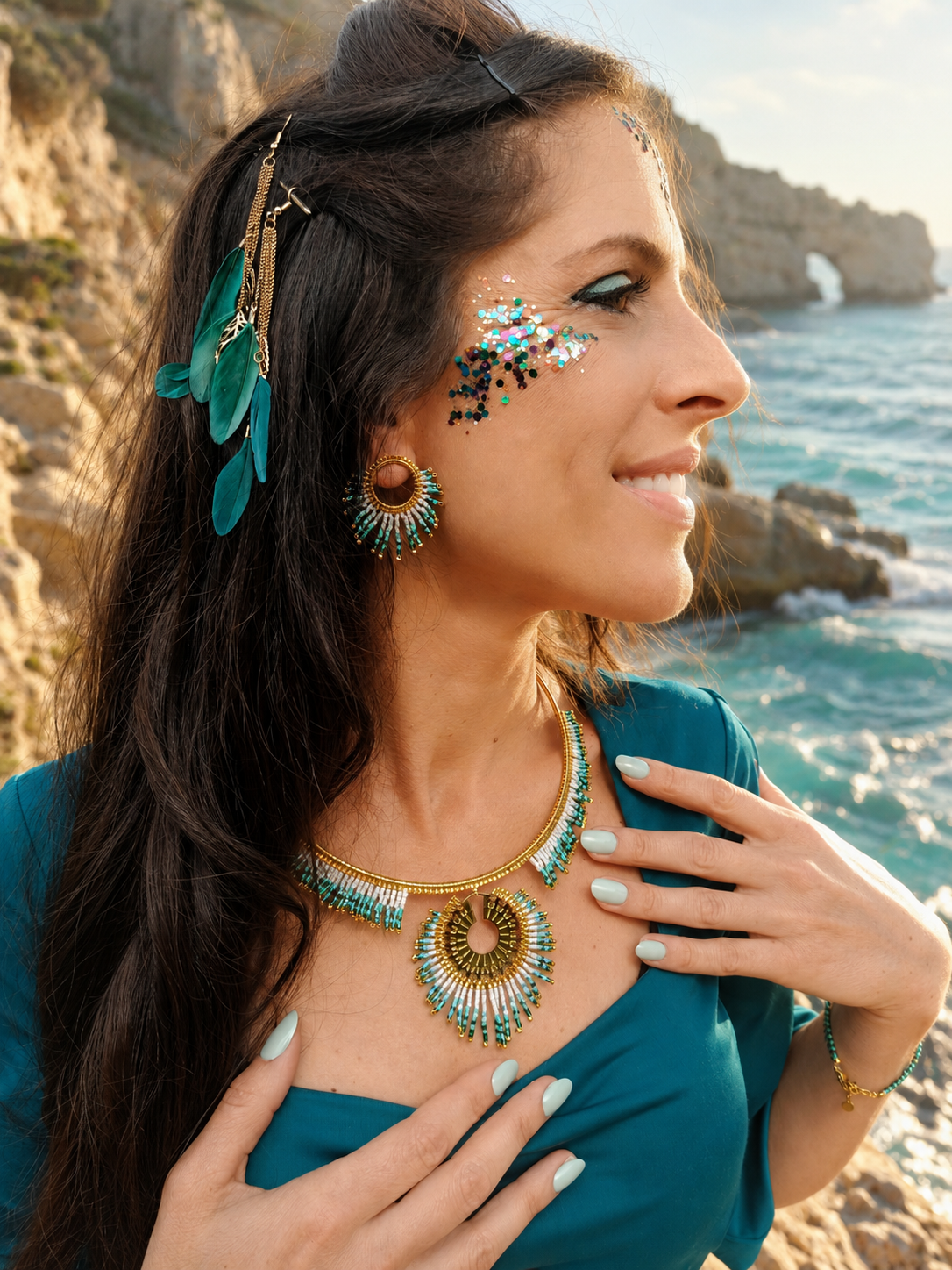 Femme avec bijou en perles turquoise et nacrées