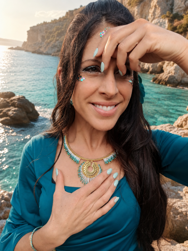 Collier majestueux Mira Calypsa porté près du visage avec main sur le cœur et ambiance naturelle lumineuse