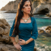Collier majestueux Mira Calypsa porté dans un paysage naturel avec robe bleue et bijoux faits main Valdyria