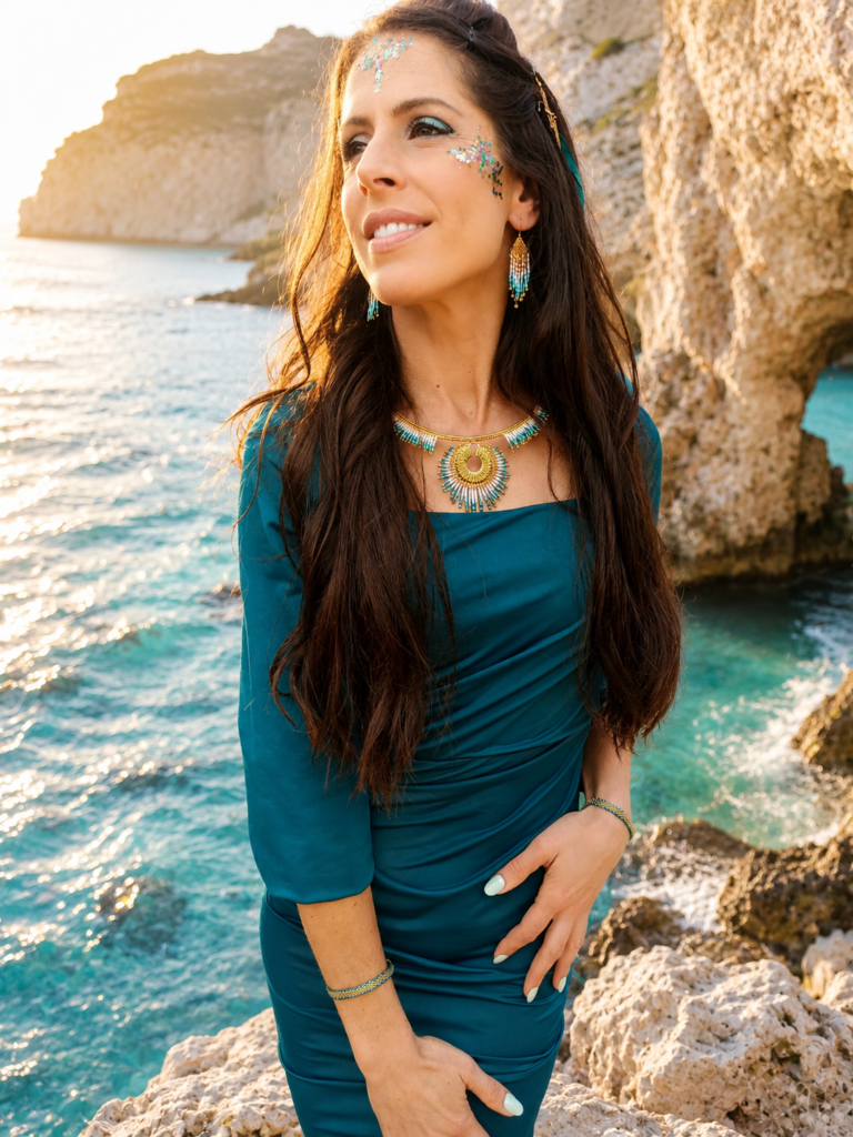 Collier majestueux Mira Calypsa porté avec robe bleue dans une crique lumineuse, bijou artisanal Valdyria en perles Miyuki